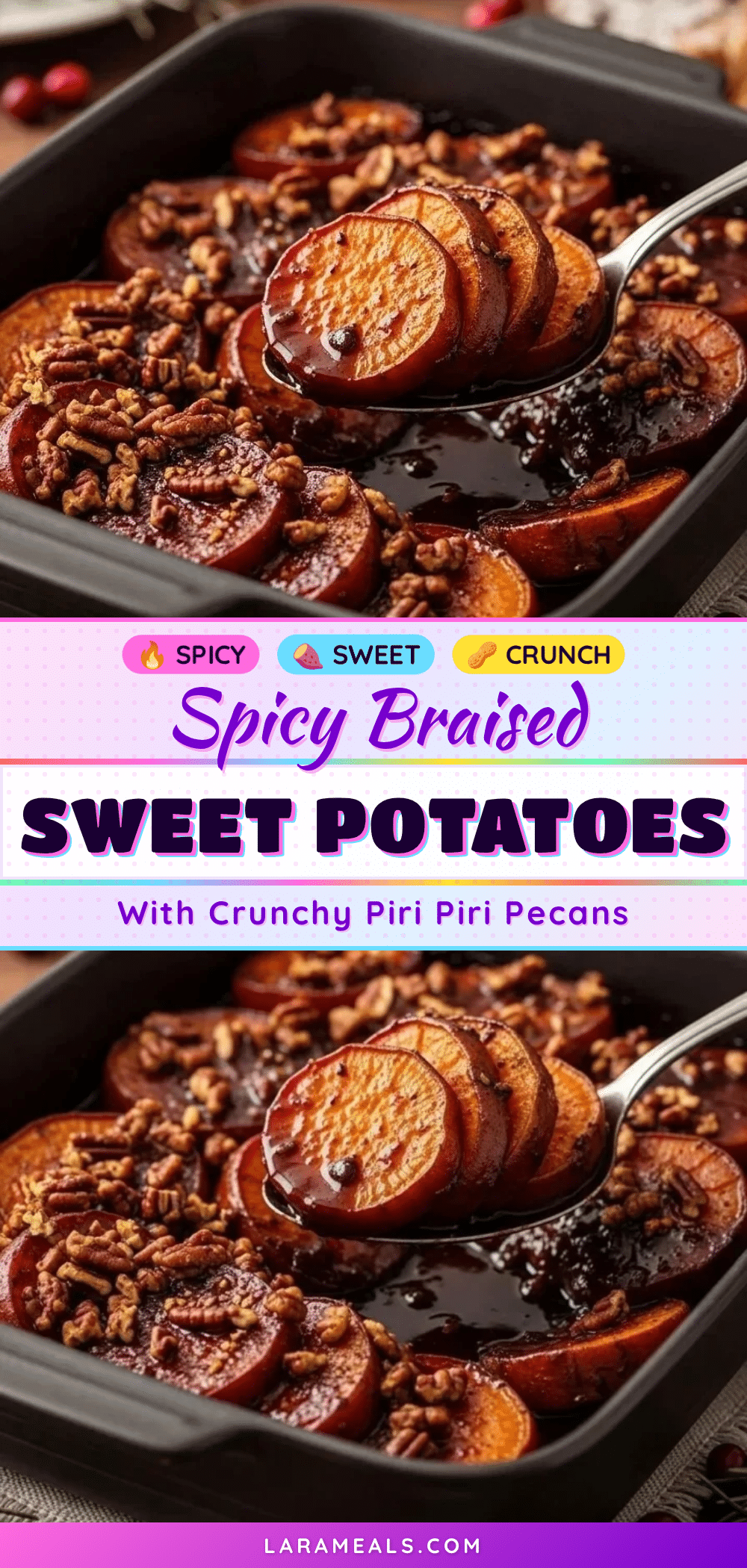 braised sweet potatoes with spicy piri piri pecans recipe