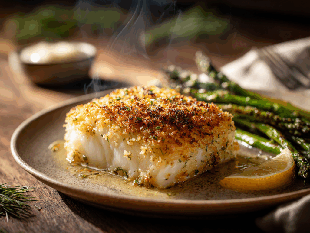 crispy garlic parmesan crusted halibut - featured image