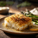 crispy garlic parmesan crusted halibut - featured image