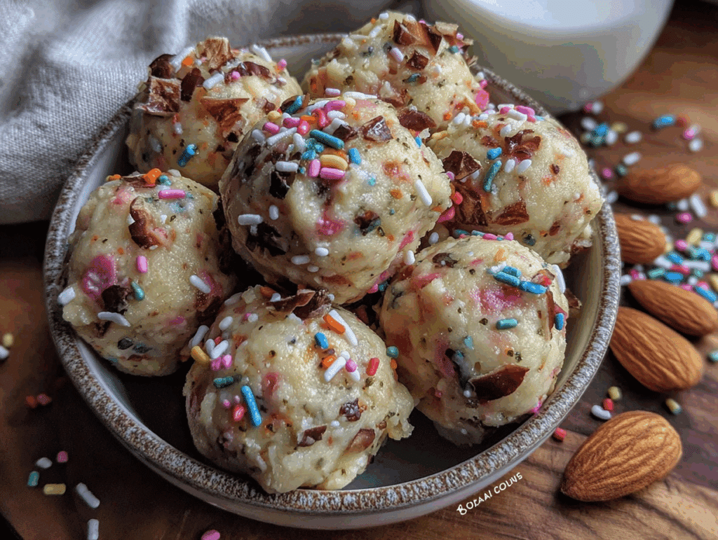healthy birthday cake protein balls - featured image