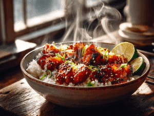 sticky hot honey chicken rice bowls - featured image