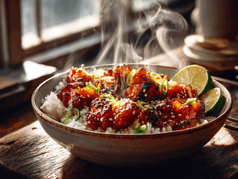 sticky hot honey chicken rice bowls - featured image