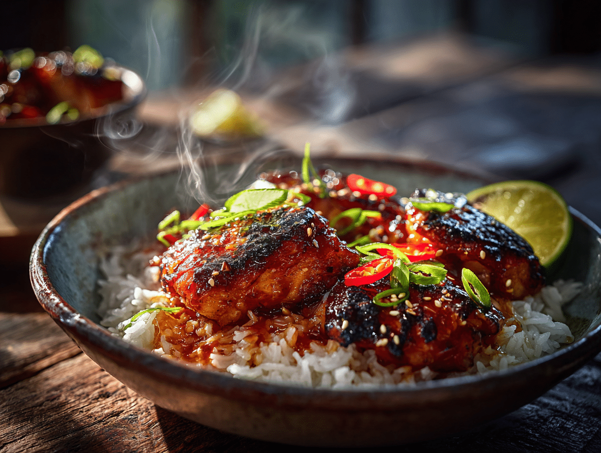 sticky hot honey chicken rice bowls preparation steps